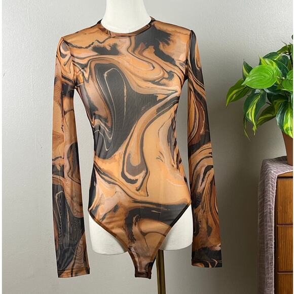 Zara Tops - Zara Brown & Black Abstract Print Long Sleeve Sheer Bodysuit Size Medium